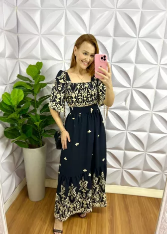 Vestido Longo Dunna Manga Raglan Margarete - Preto - Milla Chic