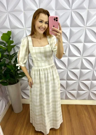 Vestido Longo Linho Lastex Nas Costas Manga Longa Lola - Areia - Milla Chic