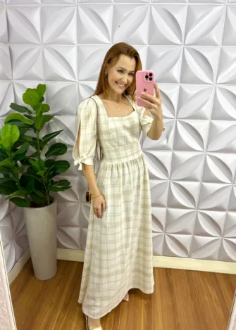 Vestido Longo Linho Lastex Nas Costas Manga Longa Lola - Areia - Milla Chic