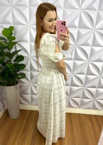 Vestido Longo Linho Lastex Nas Costas Manga Longa Lola - Areia - Milla Chic