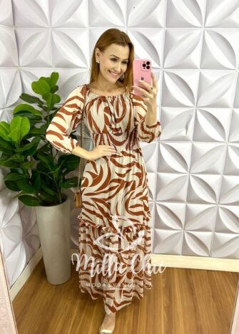 Vestido Tule Manga Longa Pala De Lastex Na Cintura Longo Duas Marias Vania - Terra Cota - Milla Chic