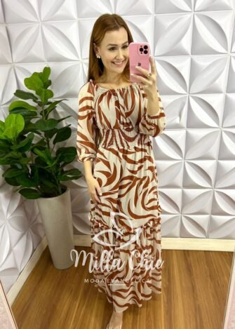 Vestido Tule Manga Longa Pala De Lastex Na Cintura Longo Duas Marias Vania - Terra Cota - Milla Chic