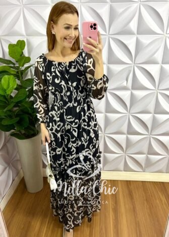 Vestido Tule Manga Longa Pala De Lastex Na Cintura Longo Duas Marias Vania - Preto - Milla Chic