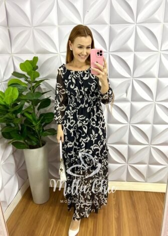 Vestido Tule Manga Longa Pala De Lastex Na Cintura Longo Duas Marias Vania - Preto - Milla Chic