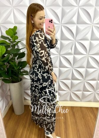 Vestido Tule Manga Longa Pala De Lastex Na Cintura Longo Duas Marias Vania - Preto - Milla Chic