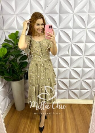 Vestido no Chiffon Floral Mídi Catarina - Verde - Milla Chic