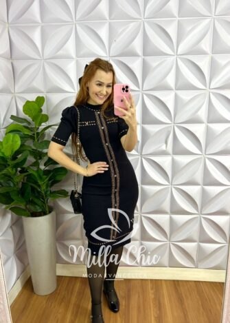 Vestido Tricô Justo Com Botões Dourados Mia - Preto - Milla Chic