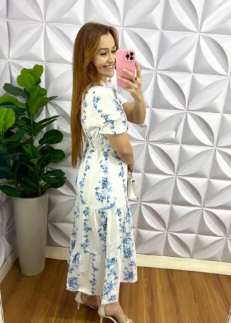 Vestido Tricoline 100% Algodão Mídi Com Botões Encapados Floral Samara - Azul Com Branco - Milla Chic