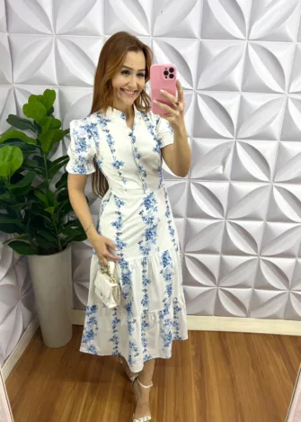 Vestido Tricoline 100% Algodão Mídi Com Botões Encapados Floral Samara - Azul Com Branco - Milla Chic