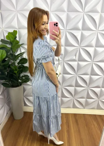 Vestido Tricoline 100% Algodão Mídi Com Botões Encapados Listrado Samara - Azul - Milla Chic