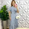Vestido Tricoline 100% Algodão Mídi Com Botões Encapados Listrado Samara - Azul - Milla Chic