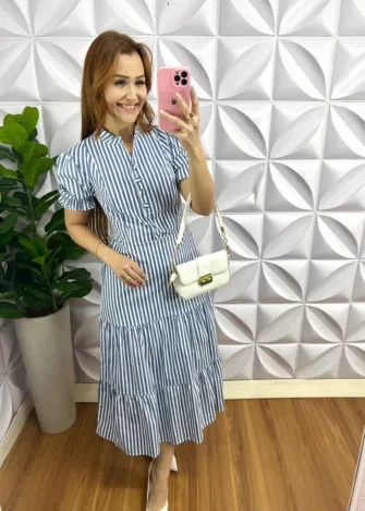 Milla Chic - millachic com br vestido tricoline midi com botoes encapados listrado samara azul 2 Vestido Tricoline 100% Algodão Mídi Com Botões Encapados Listrado Samara - Azul - Milla Chic