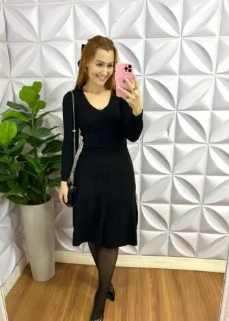 Vestido Tricot Com Pala Na Cintura Saia Evase Lyra - Preto - Milla Chic