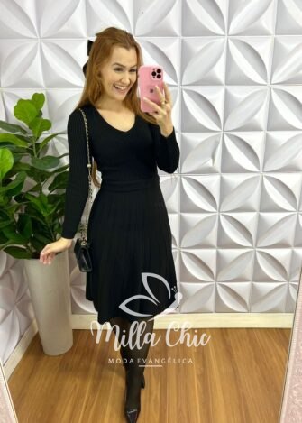 Vestido Tricot Com Pala Na Cintura Saia Evase Lyra - Preto - Milla Chic