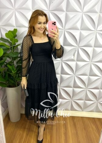 Vestido Tule Bolinha Manga Longa Decote Quadrado Mídi Com Babadinhos Hadasa - Preto - Milla Chic