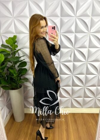 Vestido Tule Bolinha Manga Longa Decote Quadrado Mídi Com Babadinhos Hadasa - Preto - Milla Chic