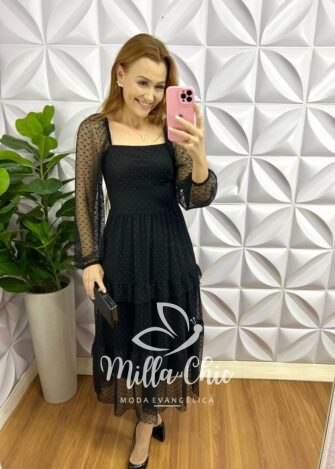 Vestido Tule Bolinha Manga Longa Decote Quadrado Mídi Com Babadinhos Hadasa - Preto - Milla Chic