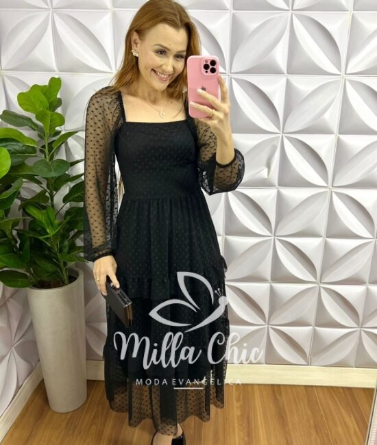 Vestido Tule Bolinha Manga Longa Decote Quadrado Mídi Com Babadinhos Hadasa - Preto - Milla Chic