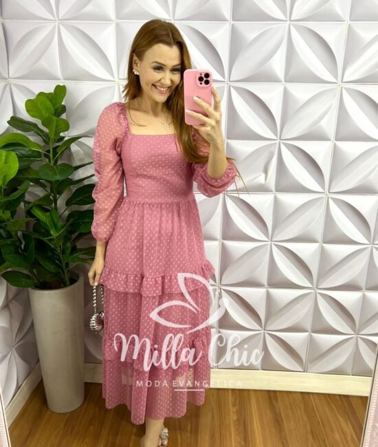 Vestido Tule Bolinha Manga Longa Decote Quadrado Mídi Com Babadinhos Hadasa - Rosa - Milla Chic