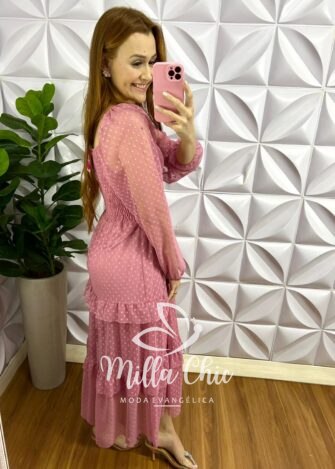 Vestido Tule Bolinha Manga Longa Decote Quadrado Mídi Com Babadinhos Hadasa - Rosa - Milla Chic