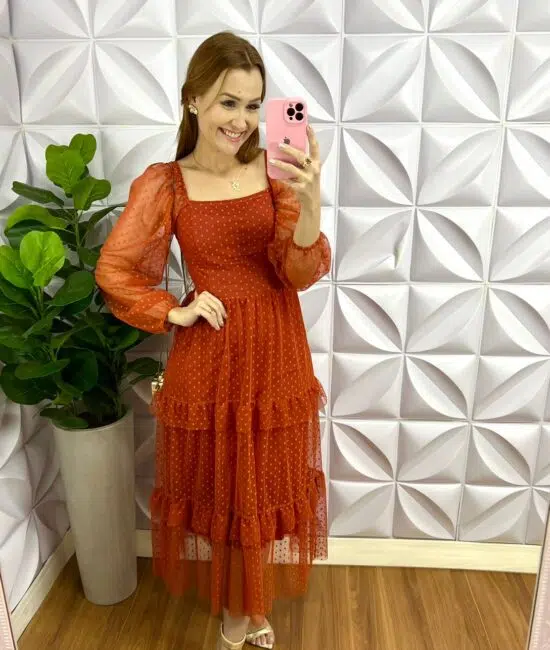 Vestido Tule Bolinha Manga Longa Decote Quadrado Mídi Com Babadinhos Hadasa - Terra Cota - Milla Chic