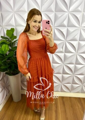 Vestido Tule Bolinha Manga Longa Decote Quadrado Mídi Com Babadinhos Hadasa - Terra Cota - Milla Chic