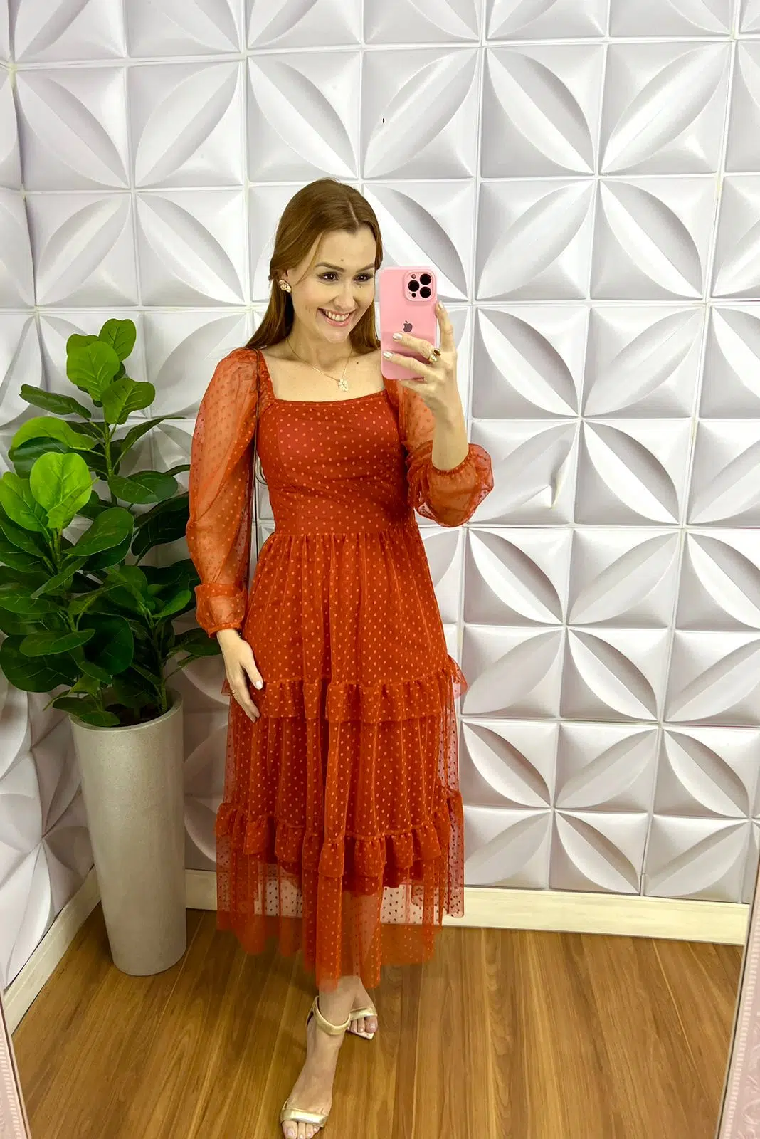 Vestido Tule Bolinha Manga Longa Decote Quadrado Mídi Com Babadinhos Hadasa - Terra Cota - Milla Chic