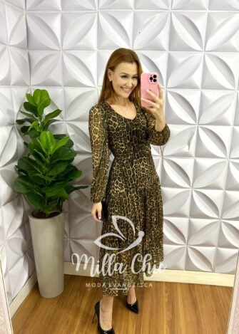 Vestido Tule Decote U Manga Longa Com Faixa Cinto Mídi Com Marias Cleonice - Onça - Milla Chic
