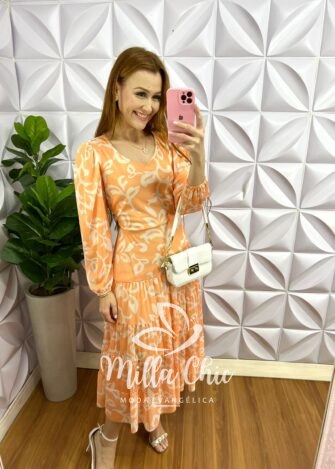 Vestido Tule Decote U Manga Longa Com Faixa Cinto Mídi Com Marias Cleonice - Onça - Milla Chic