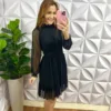 Vestido Tule Gola Alta Manga Longa Pala De Lastex Na Cintura Curto Cor Lisa Adele - Preto - Milla Chic