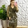 Vestido Tule Decote V Manga Longa Mídi Com Babados Três Marias Melinda - Onça - Milla Chic