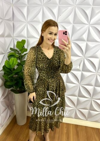 Vestido Tule Decote V Manga Longa Mídi Com Babados Três Marias Melinda - Onça - Milla Chic