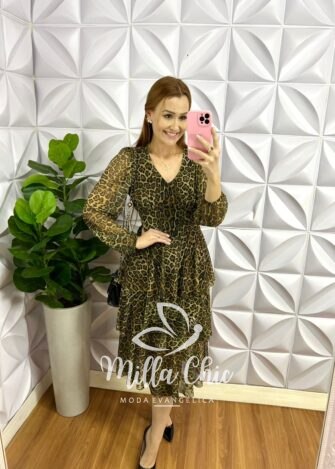 Vestido Tule Decote V Manga Longa Mídi Com Babados Três Marias Melinda - Onça - Milla Chic