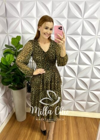Vestido Tule Decote V Manga Longa Mídi Com Babados Três Marias Melinda - Onça - Milla Chic