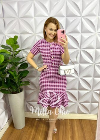 Vestido Tweed Quadriculado Botões De Perola Camila - Cherry - Milla Chic