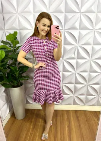 Vestido Tweed Quadriculado Botões De Perola Camila - Cherry - Milla Chic