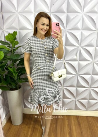 Vestido Tweed Quadriculado Botões De Perola Camila - Cinza - Milla Chic