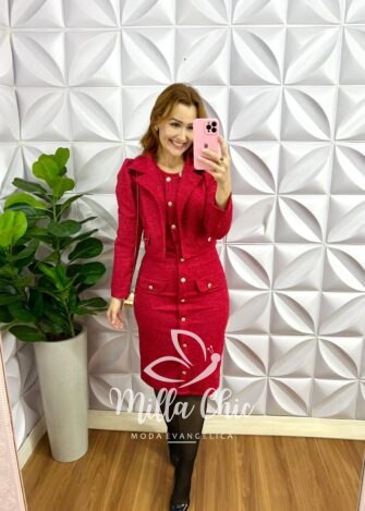 Vestido Tweed Tubinho Com Casaco Nanda - Vermelho - Milla Chic