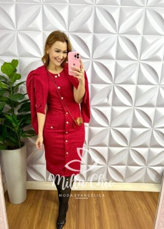 Milla Chic - millachic com br vestido tweed tubinho com casaco nanda vermelho Vestido Tweed Tubinho Com Casaco Nanda - Vermelho - Milla Chic