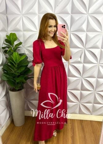 Vestido Viscolinho Com Textura Longo Pamela - Vermelho - Milla Chic