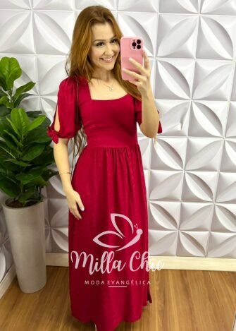 Vestido Viscolinho Com Textura Longo Pamela - Vermelho - Milla Chic