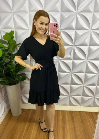 Vestido Viscolinho Curto Manga Raglan Ester - Preto - Milla Chic