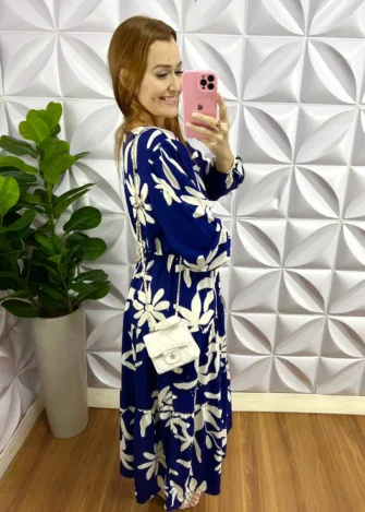 Vestido Viscolinho Estampado Com Botões Funcionais Georgina - Azul - Milla Chic