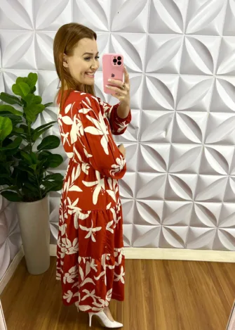 Vestido Viscolinho Estampado Com Botões Funcionais Georgina - Terra Cota - Milla Chic