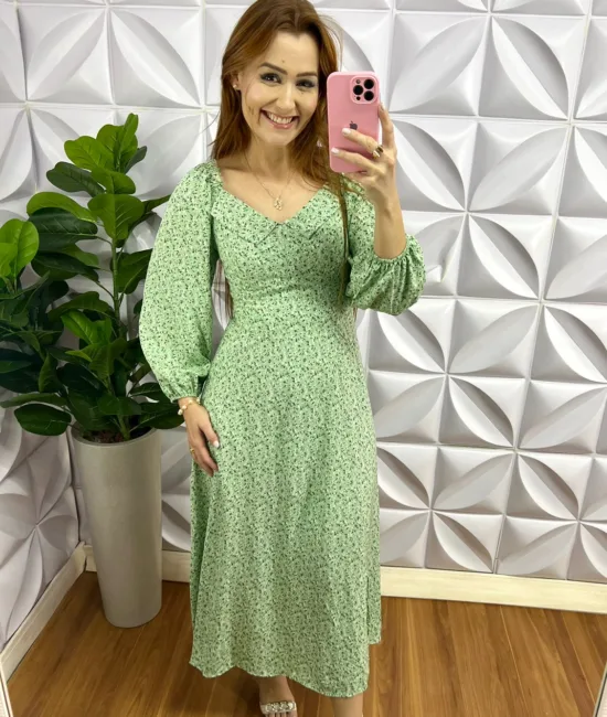 Vestido Viscolinho Estampado Manga Longa Janice - Verde - Milla Chic