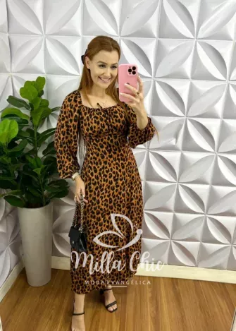 Vestido Viscolinho Estampado Mídi Com Manga Longa Nicole - Oncinha - Milla Chic
