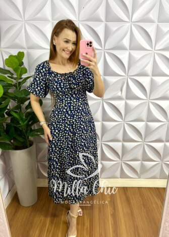 Vestido Viscolinho Estampado Mídi Elisabeth - Azul - Milla Chic