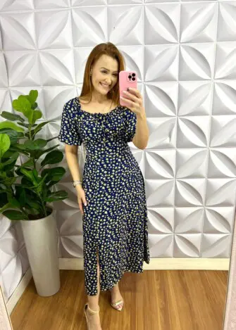 Vestido Viscolinho Estampado Mídi Elisabeth - Azul - Milla Chic