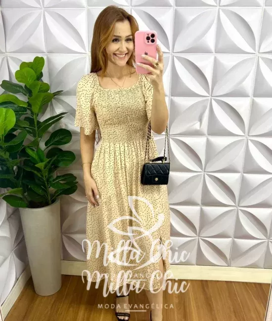 Vestido Viscolinho Manga Raglan Com Lastex Sophia - Areia Com Preto - Milla Chic
