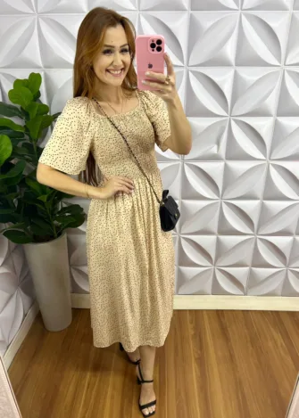 Vestido Viscolinho Manga Raglan Com Lastex Sophia - Areia Com Preto - Milla Chic